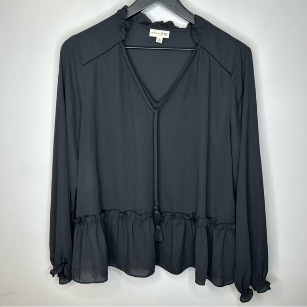 Maison Jules Womens Tassel Ties Peplum Blouse Black Size L‎